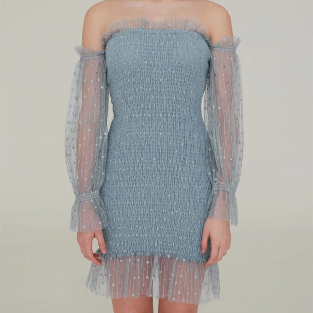 Baby blue off shoulder lace mesh bodycon dress
